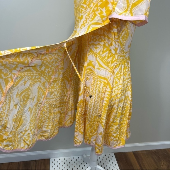 REVOLVE • LINE & DOT Yellow & White 100% Silk Side Tie Faux Wrap Dress - LARGE - Picture 6 of 11
